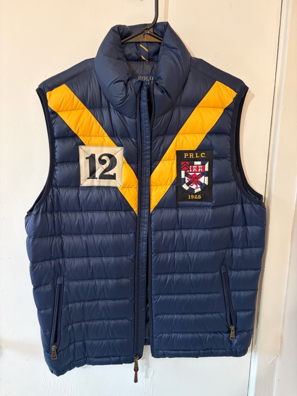 Polo by Ralph Lauren Navy Quilted Vest with Yellow Chevron Accents